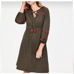 Boden Heidi Effortless Boho Midi Dress Green Cotton Embroidered Tassels Size 6